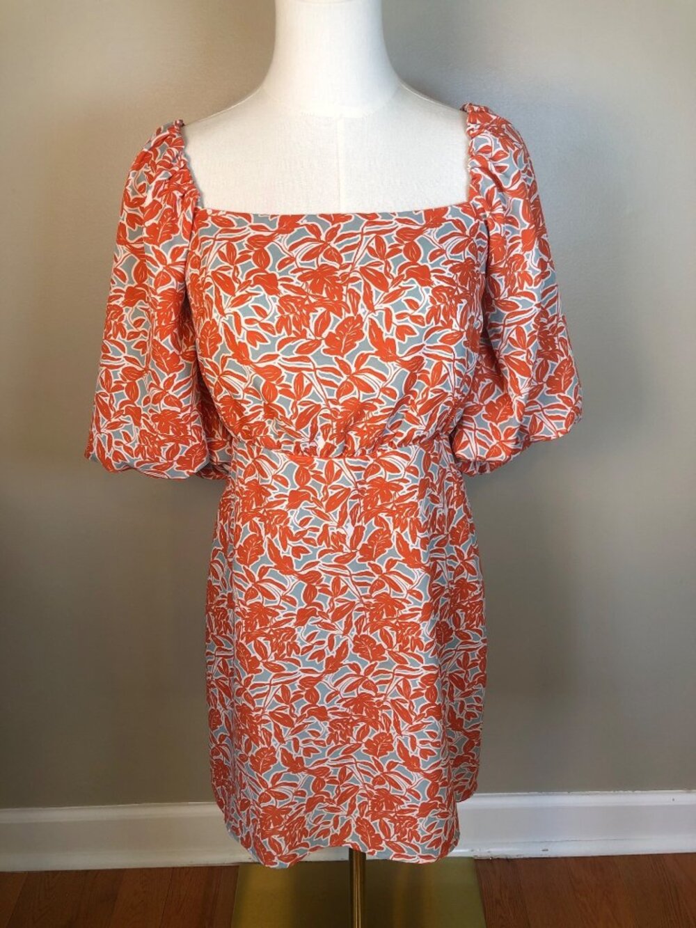 Lucy Paris Orange Blue Floral Square Neck Puff Sleeve Mini Dress Lined Size M